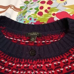 Talbots Women's Navy and Red Patterned Sweater Size 1XP Wool And Nylon